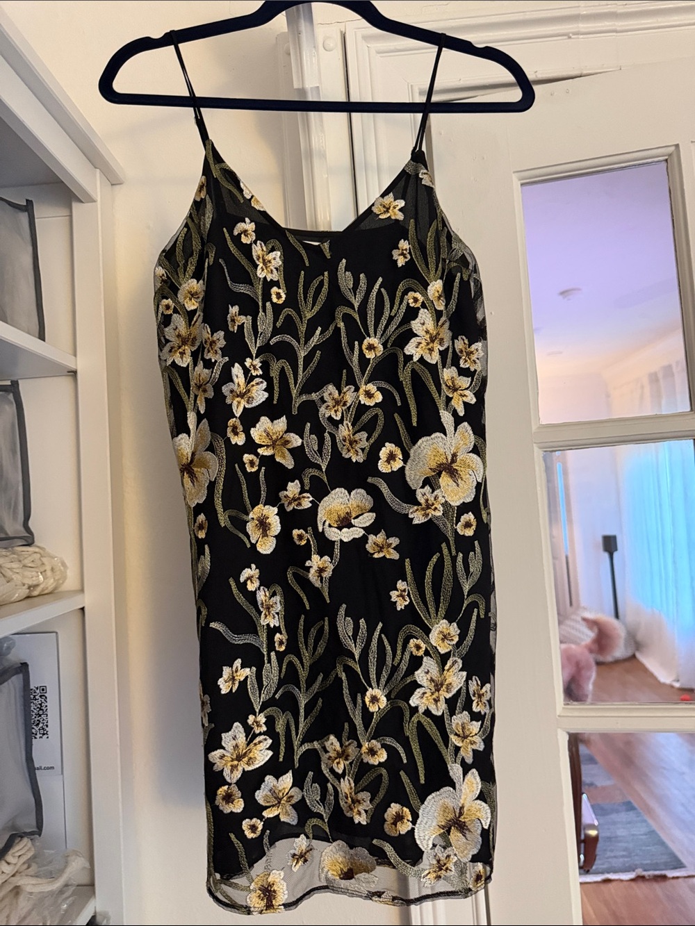 Aritzia Black Slip Dress with Gold and Cream Floral Embroidery